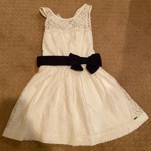 Casual white lace dress with navy blue bow